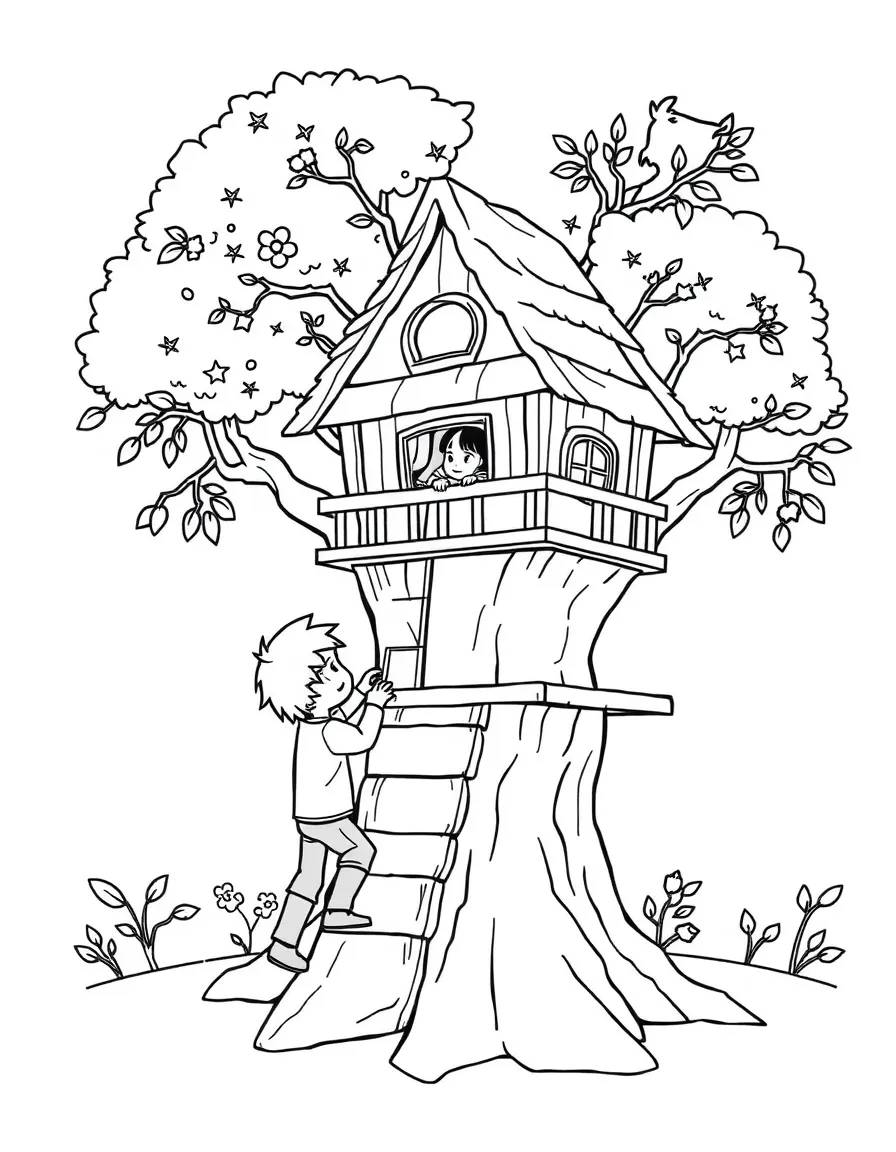 Siblings working together to build a treehouse