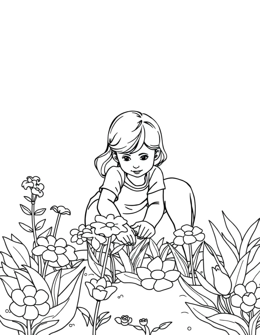 Mom and child planting flowers in a garden