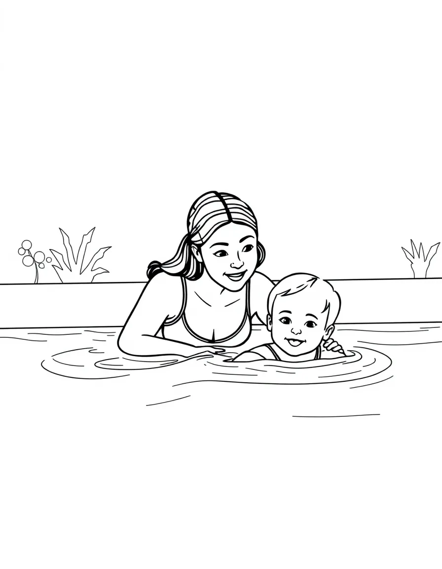 Parent teaching child to swim in a pool