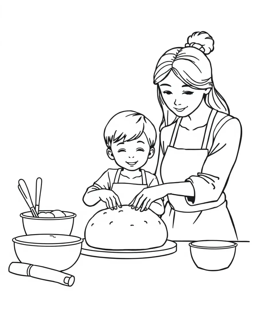 Parent showing child how to bake bread