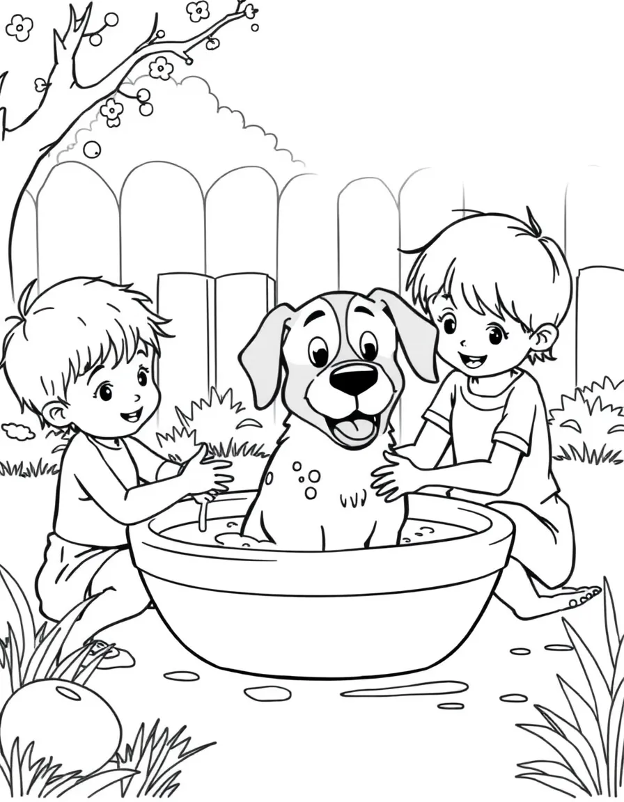 Children giving the family dog a bath outside