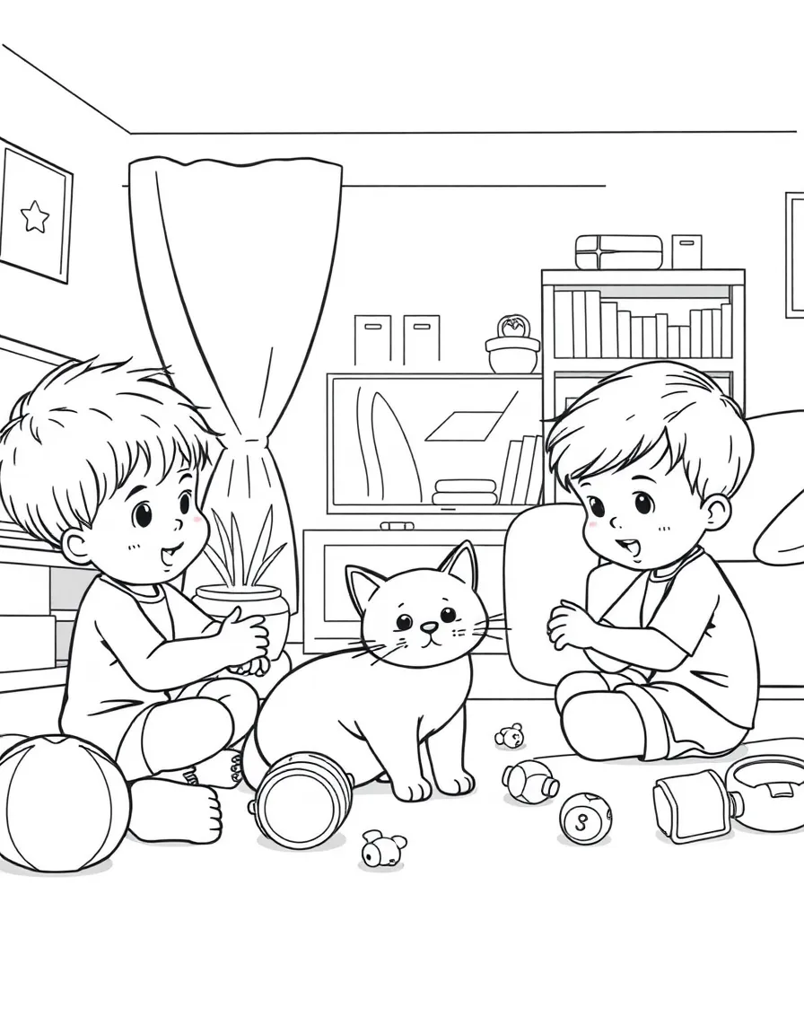 Children playing with a cat and toys in a living room