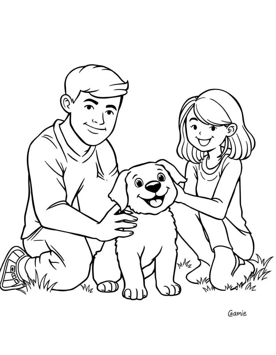 Family helping a new puppy learn tricks