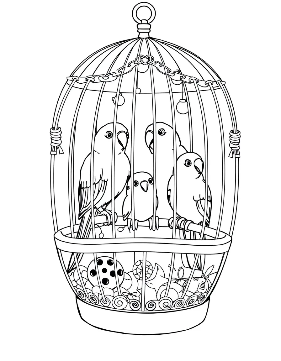 Family birds in a decorated cage with toys