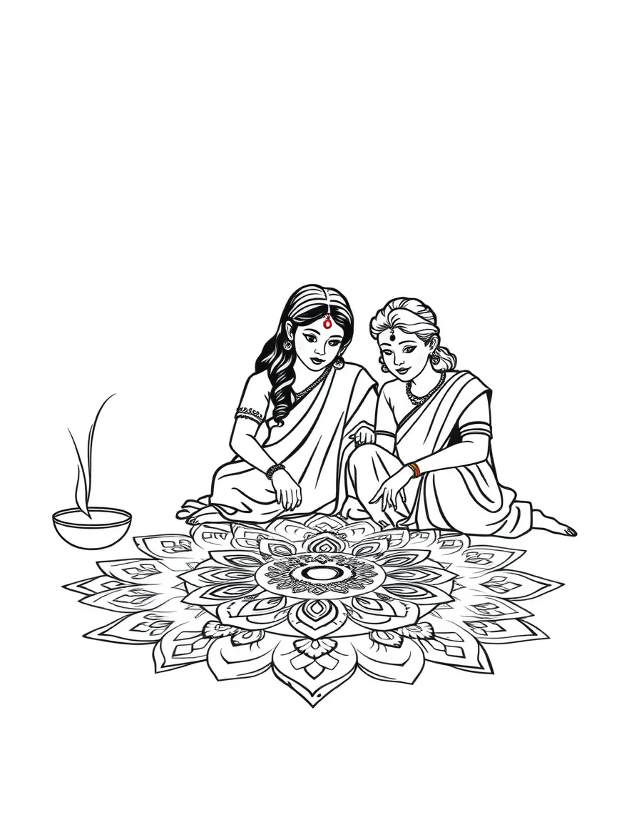 Indian family creating rangoli designs for Diwali