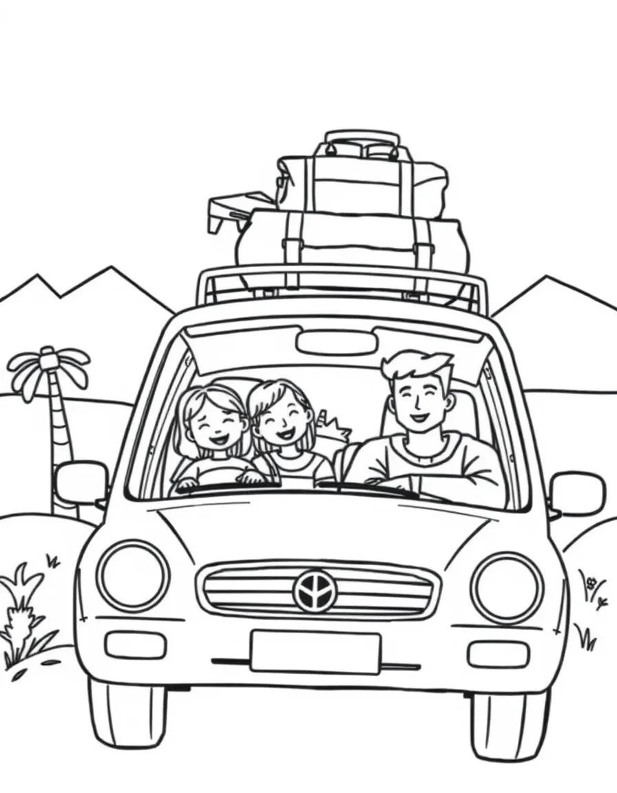 Family in a car packed for vacation with luggage on roof