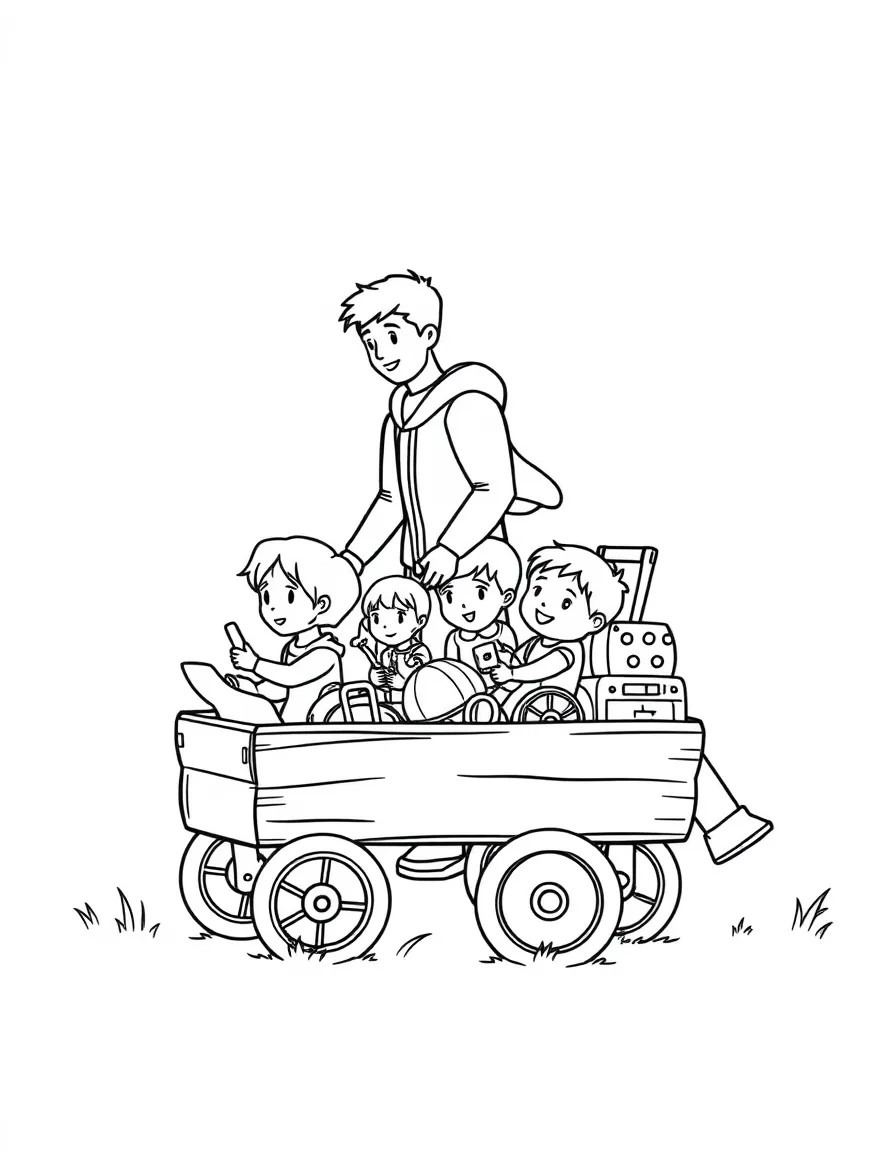 Parents pulling children in a wagon filled with toys