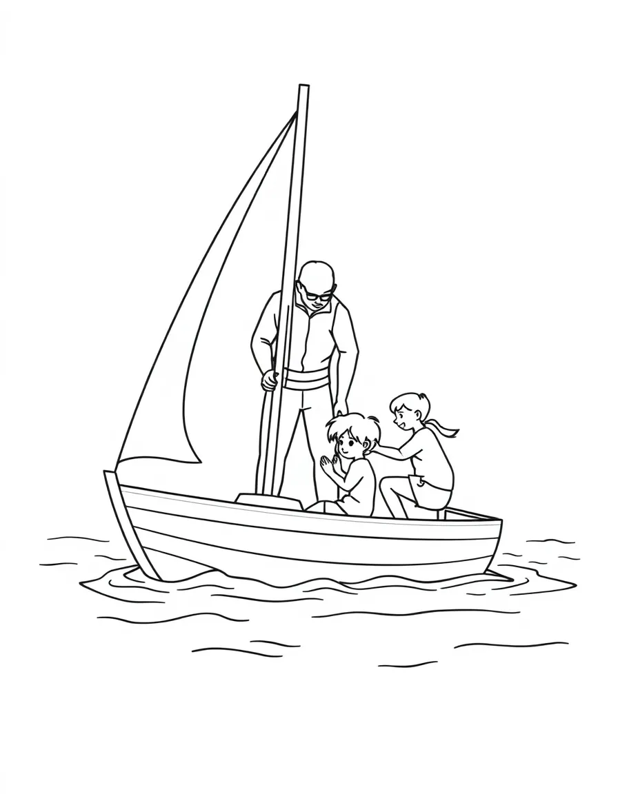 Parents teaching children to sail a small boat