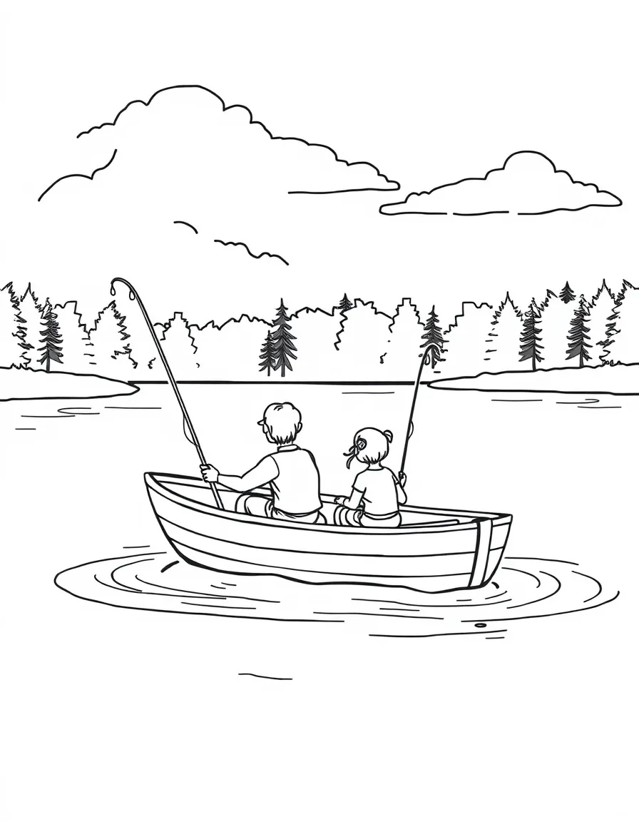 Family in a rowboat on a lake with fishing poles