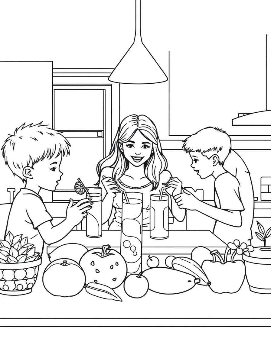 Family creating healthy smoothies in the kitchen