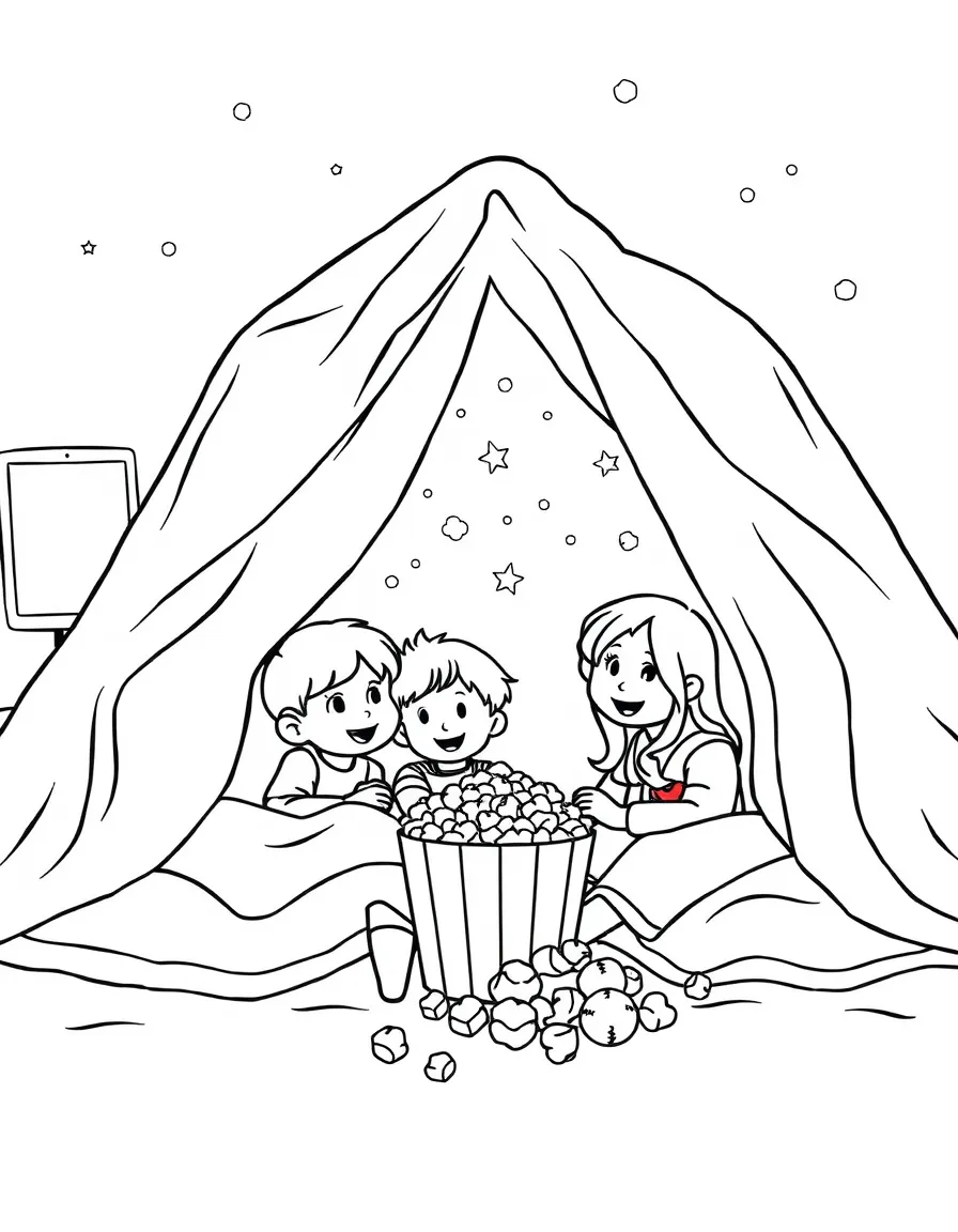 Family movie night with blanket fort and popcorn