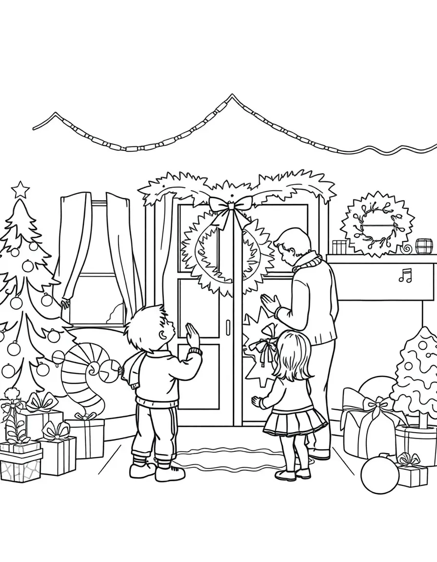 Parents and children decorating the house for holidays