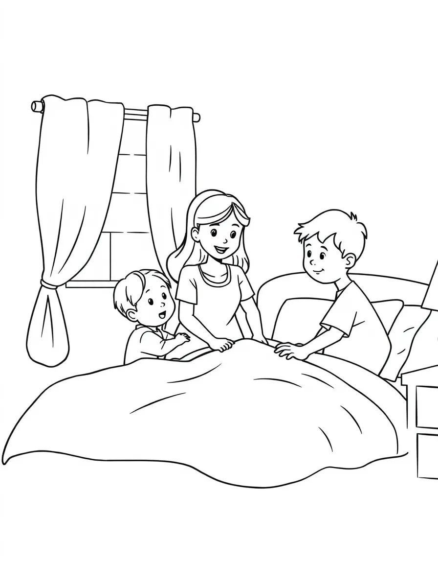 Children helping parents change bed sheets