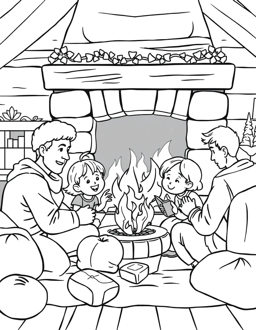 Family sharing stories around a fireplace