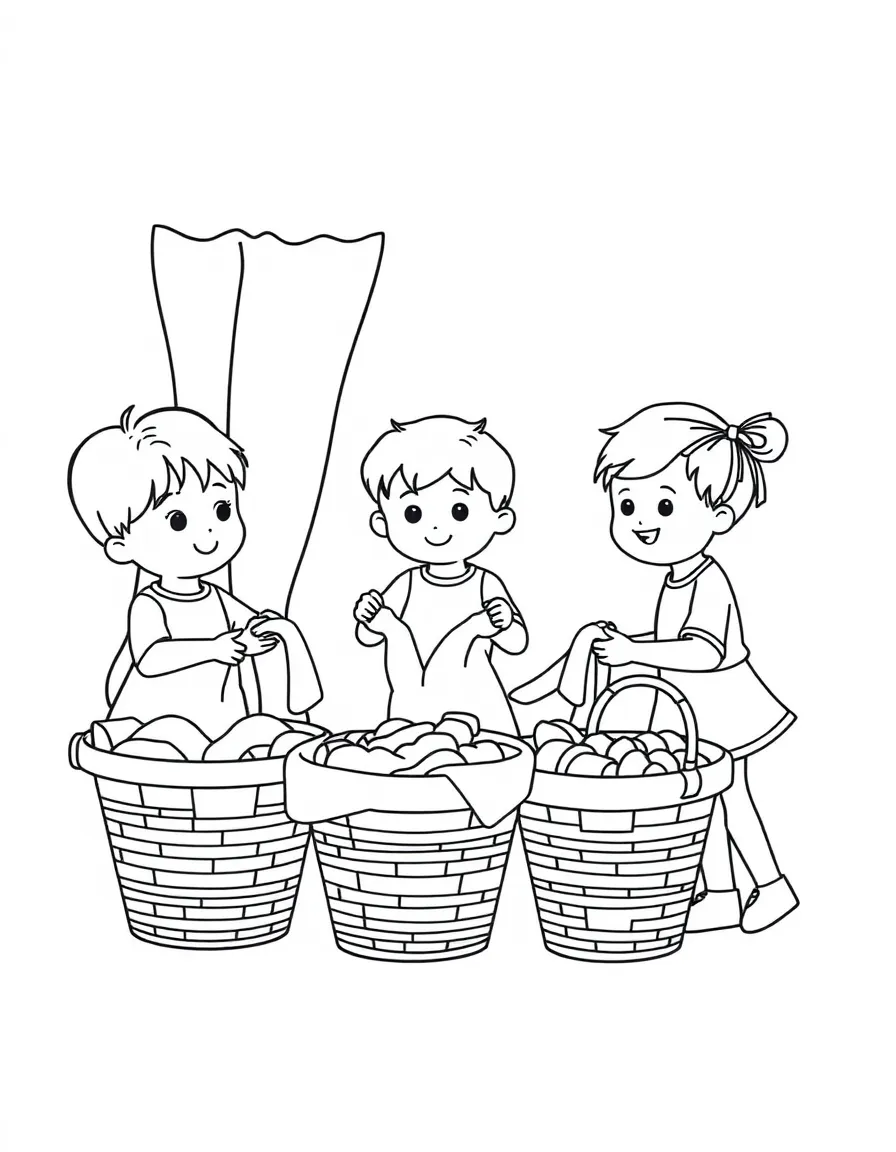 Children learning to sort laundry into baskets