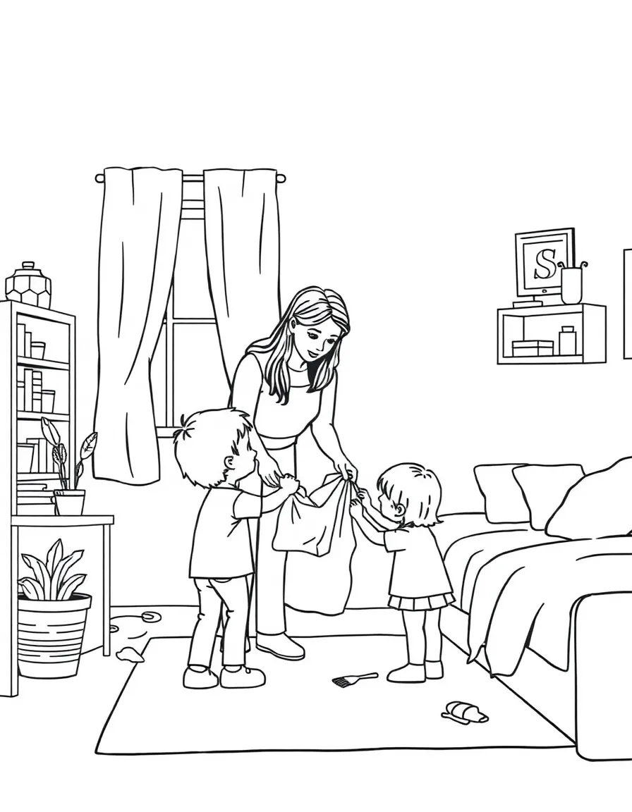 Parents helping children clean their rooms