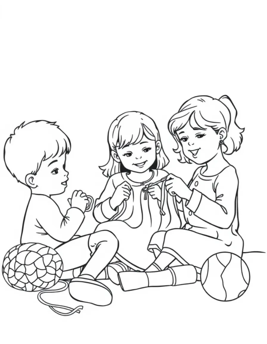 Parents teaching children to knit or crochet