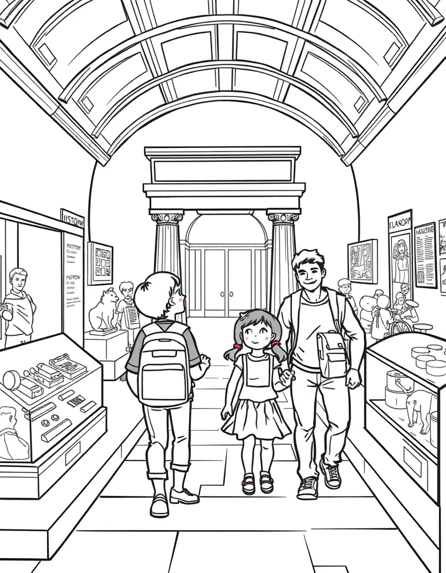 Family exploring a history museum with exhibits