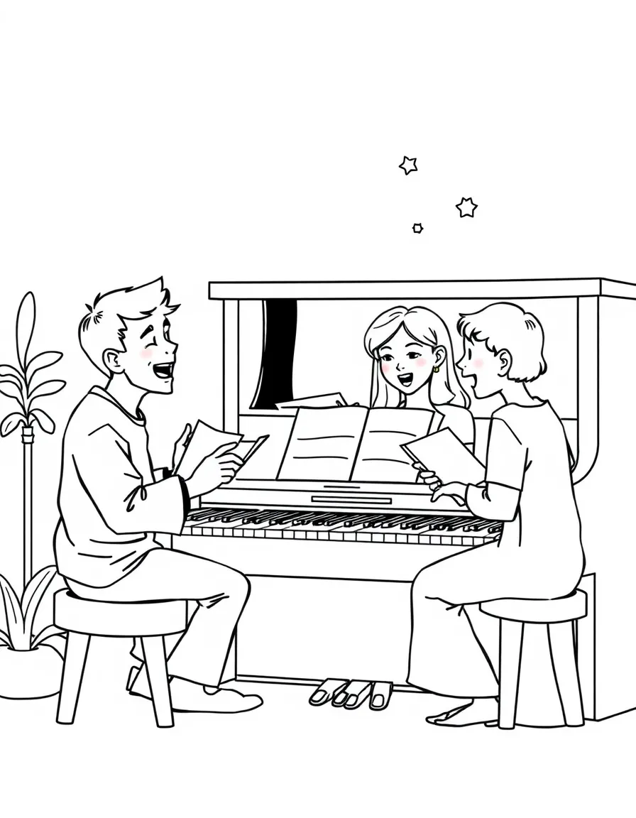 Family singing together around a piano