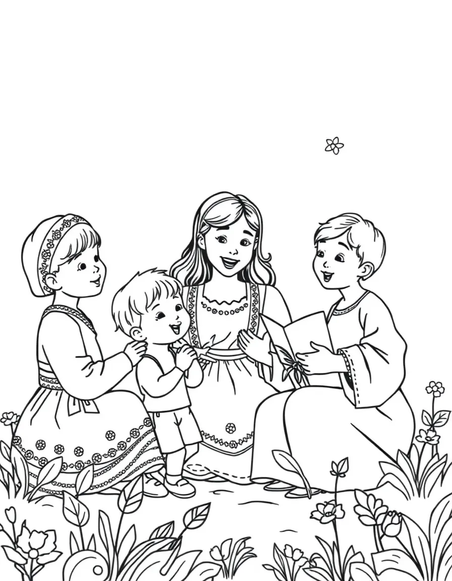 Parents teaching children traditional folk songs