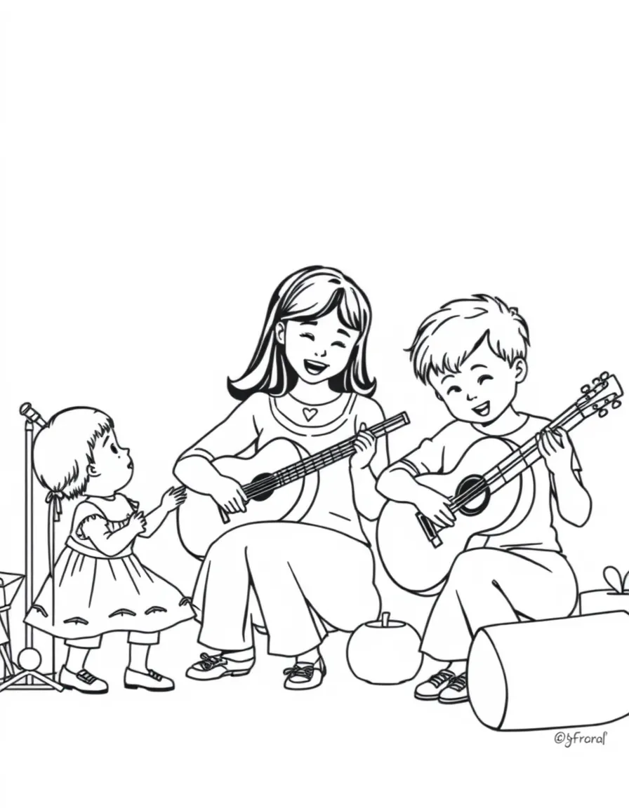 Children and parents practicing instruments together