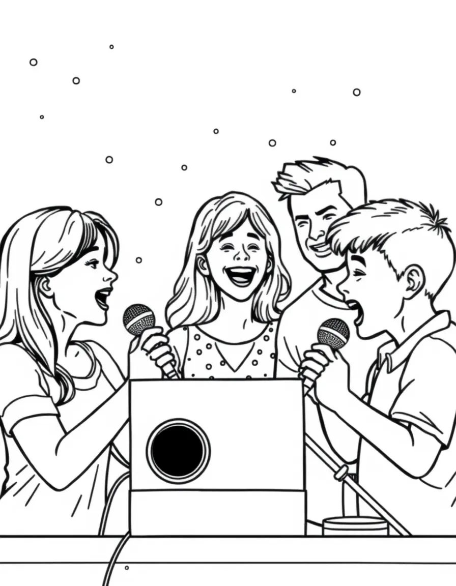 Family singing karaoke with a machine and microphones