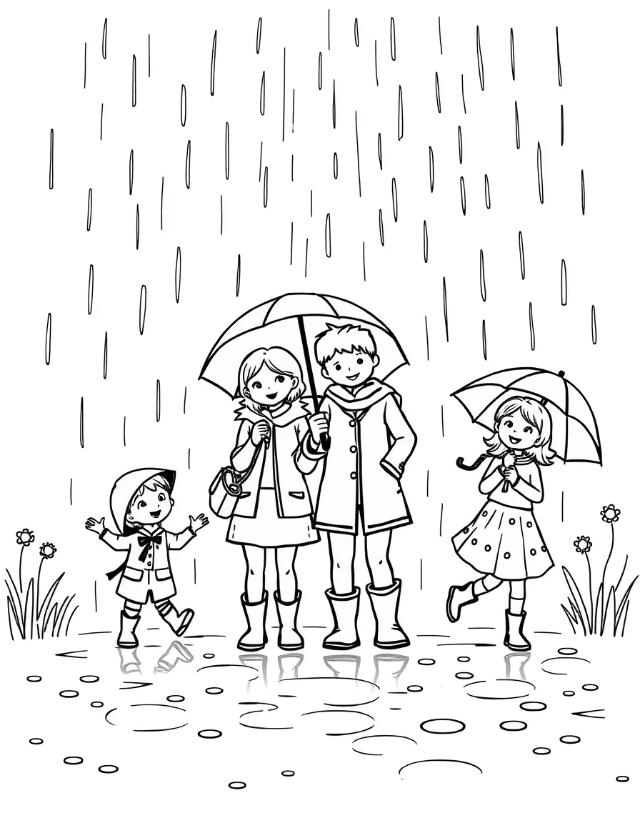 Family playing in the rain with umbrellas and boots