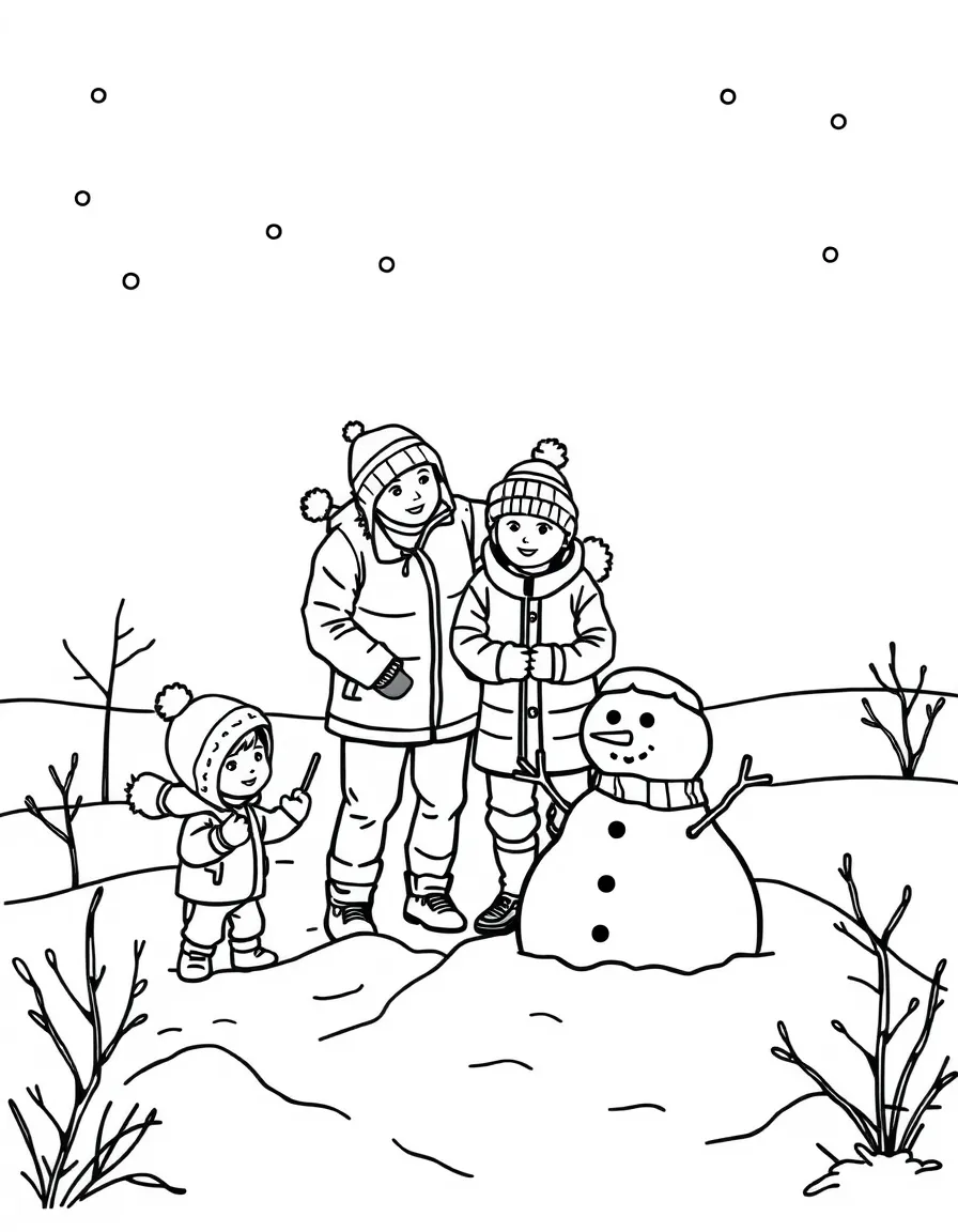 Parents and children building snow forts and snowmen