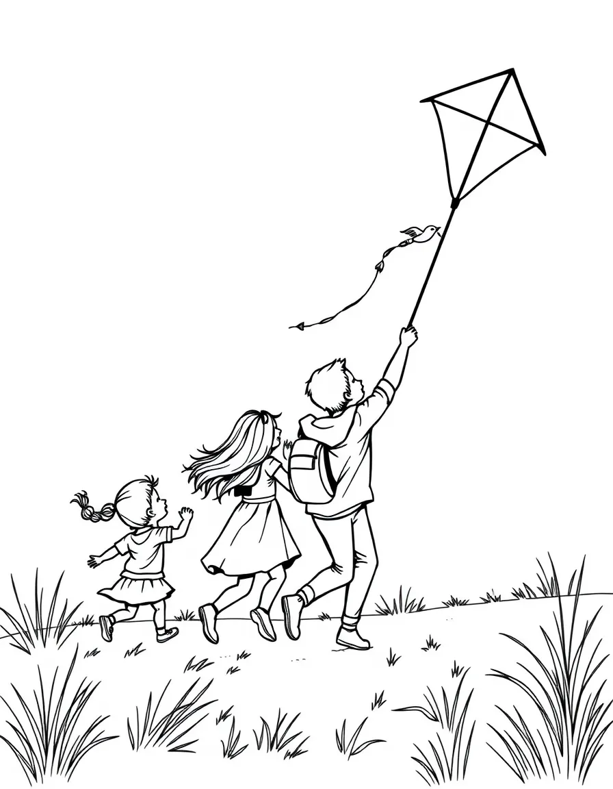 Children and parents flying kites on a windy day