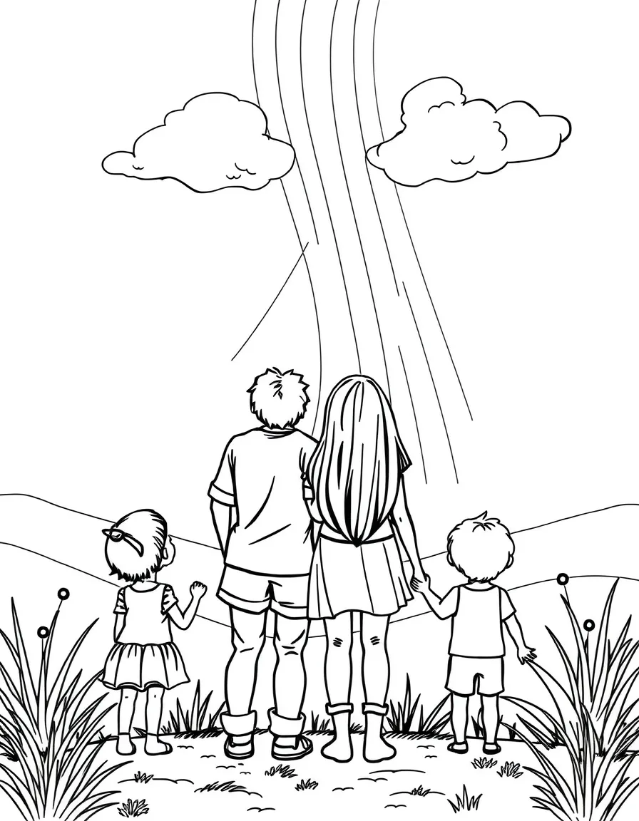 Family watching a rainbow after a storm