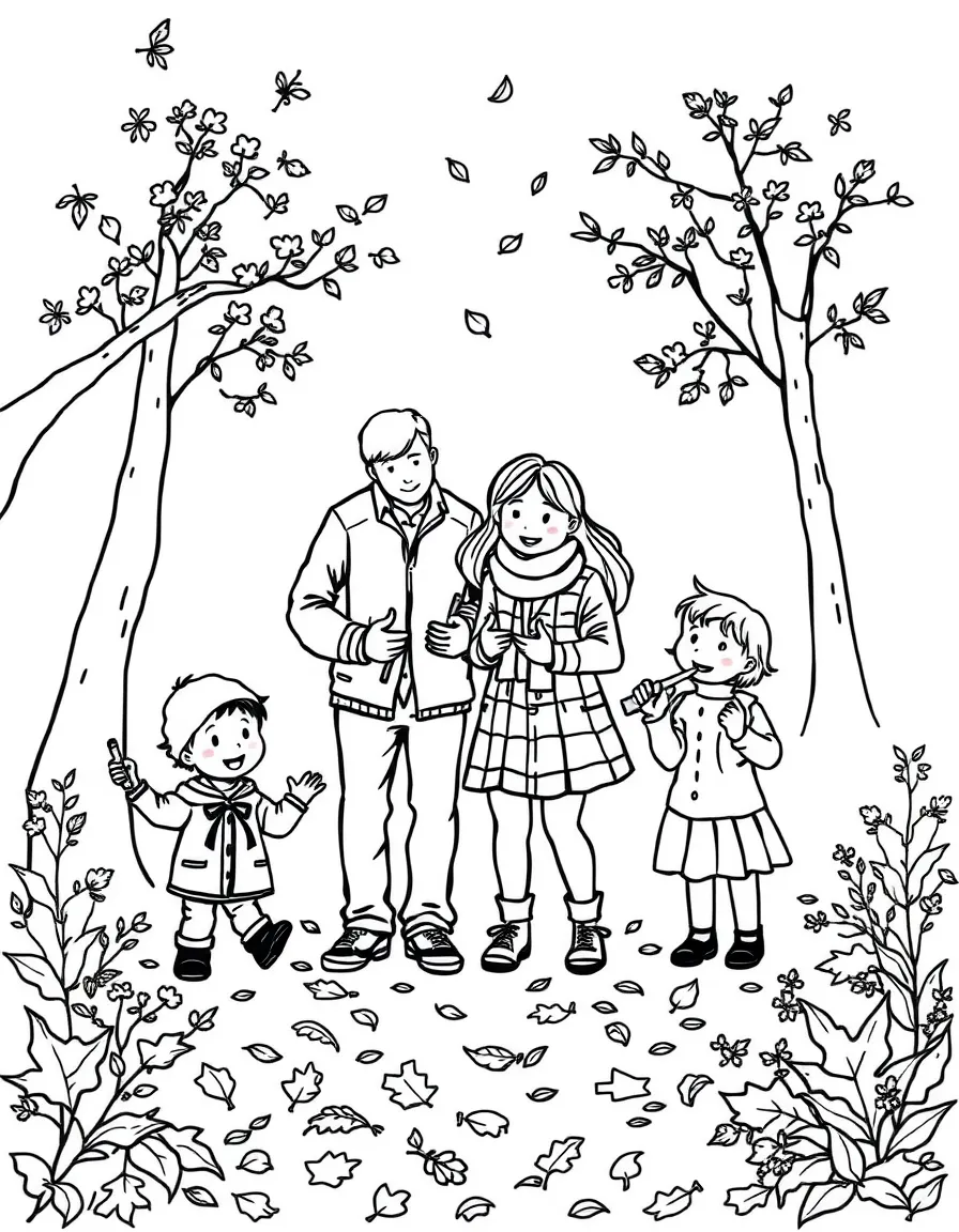 Children and parents collecting leaves on a fall day