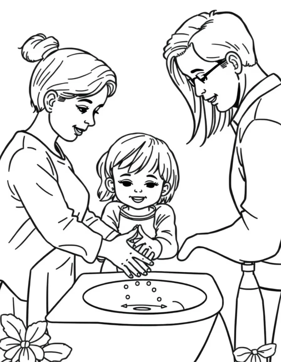 Parents teaching children to wash hands properly