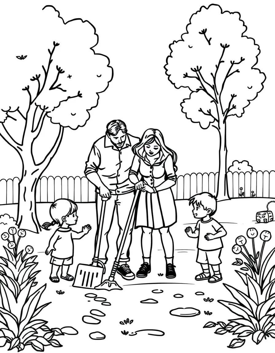 Parents and children cleaning up a park