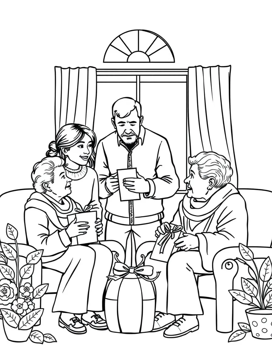Family visiting elderly neighbors with homemade gifts
