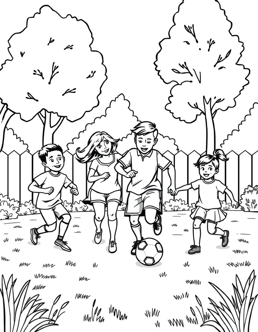 Family playing soccer in a backyard or park