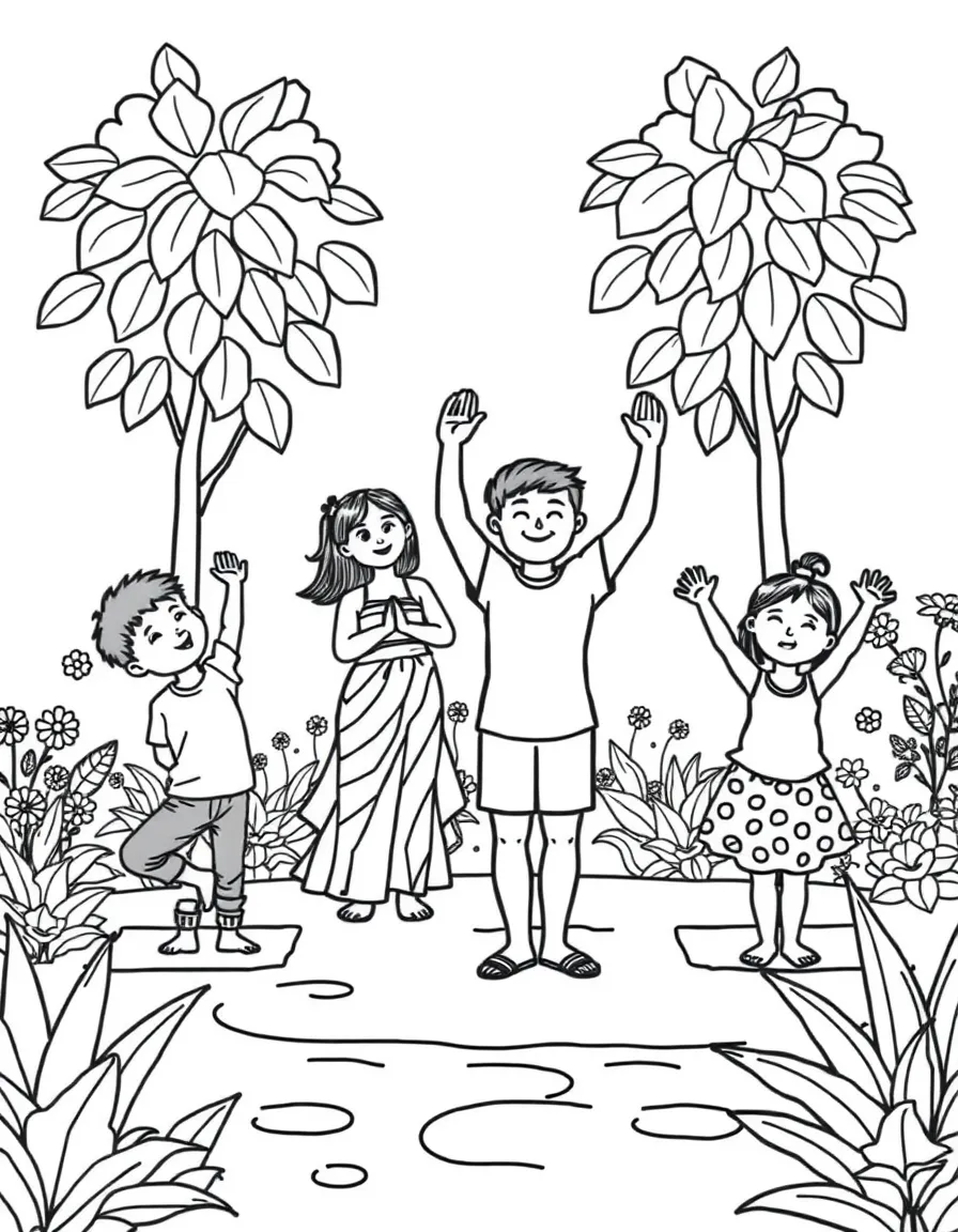 Children and parents doing yoga in a garden