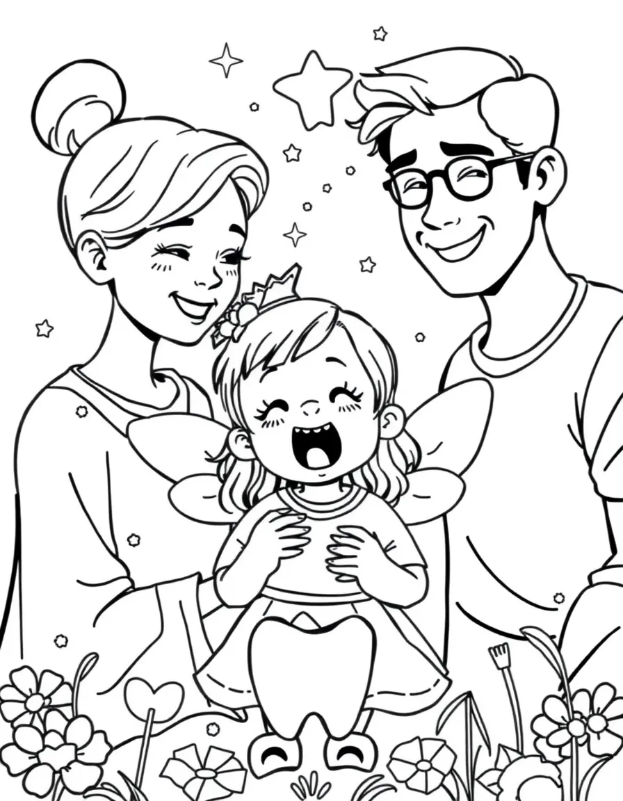 Parents and child celebrating lost tooth with tooth fairy