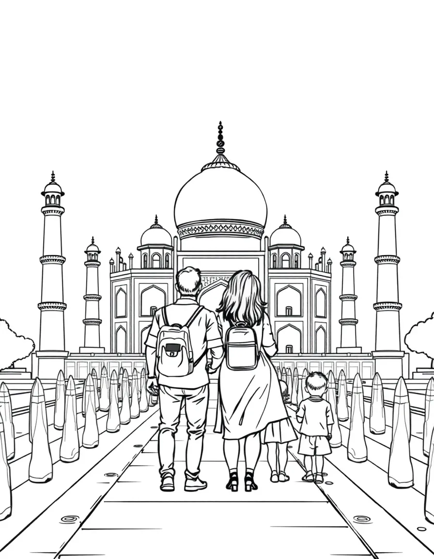 Parents and children visiting Taj Mahal in India