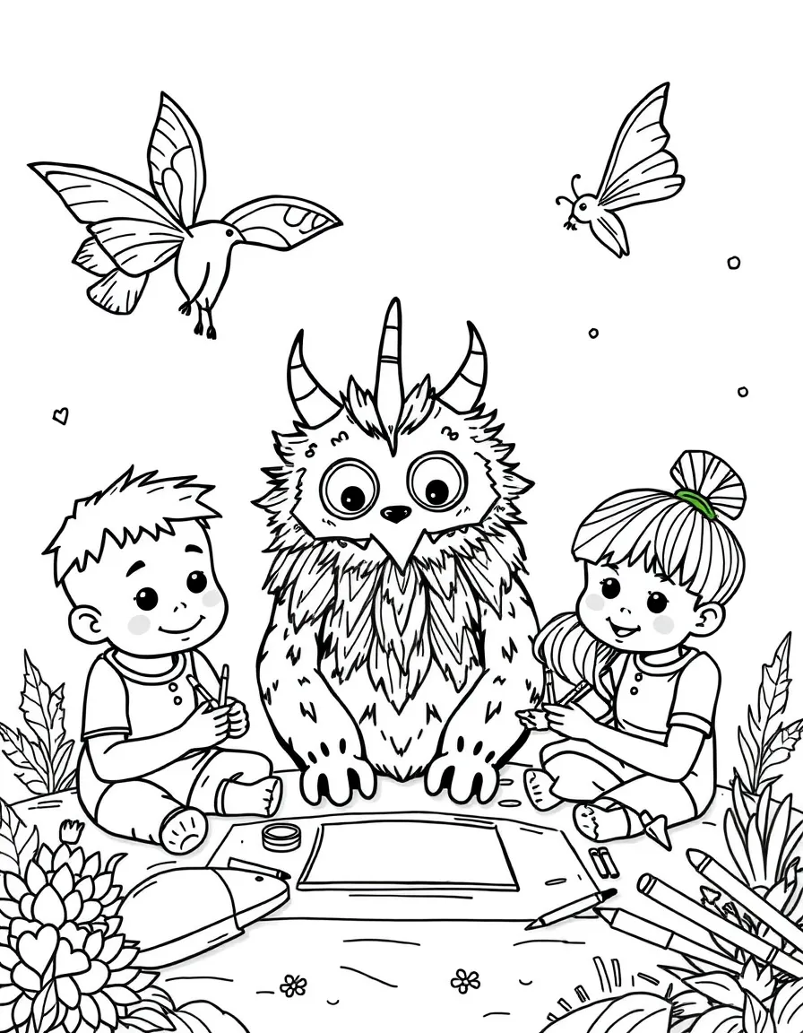 Family creating made-up creatures with craft supplies