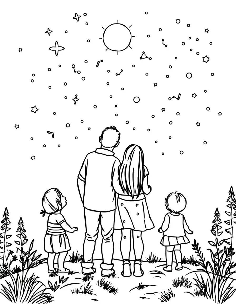 Parents and children stargazing and finding constellations