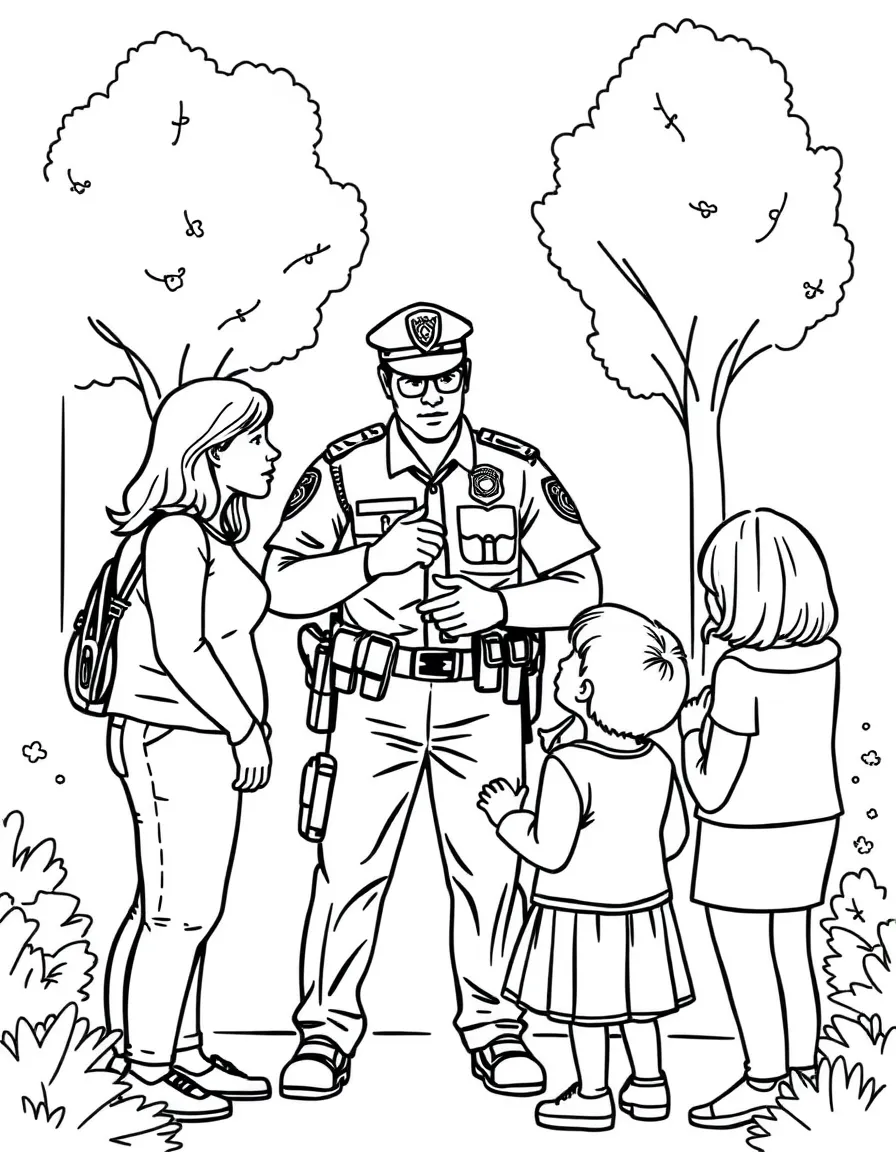 Parents and children talking to police officers