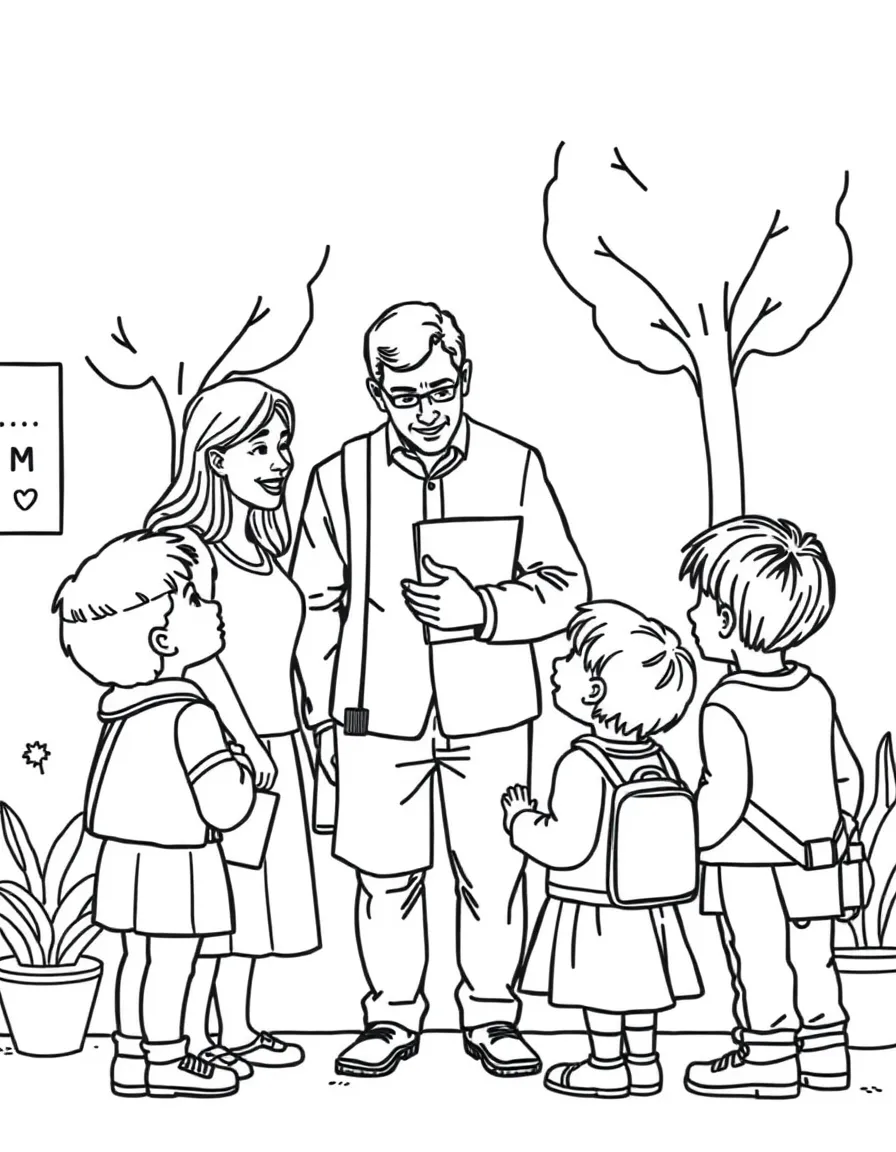 Children meeting teachers with parents at school
