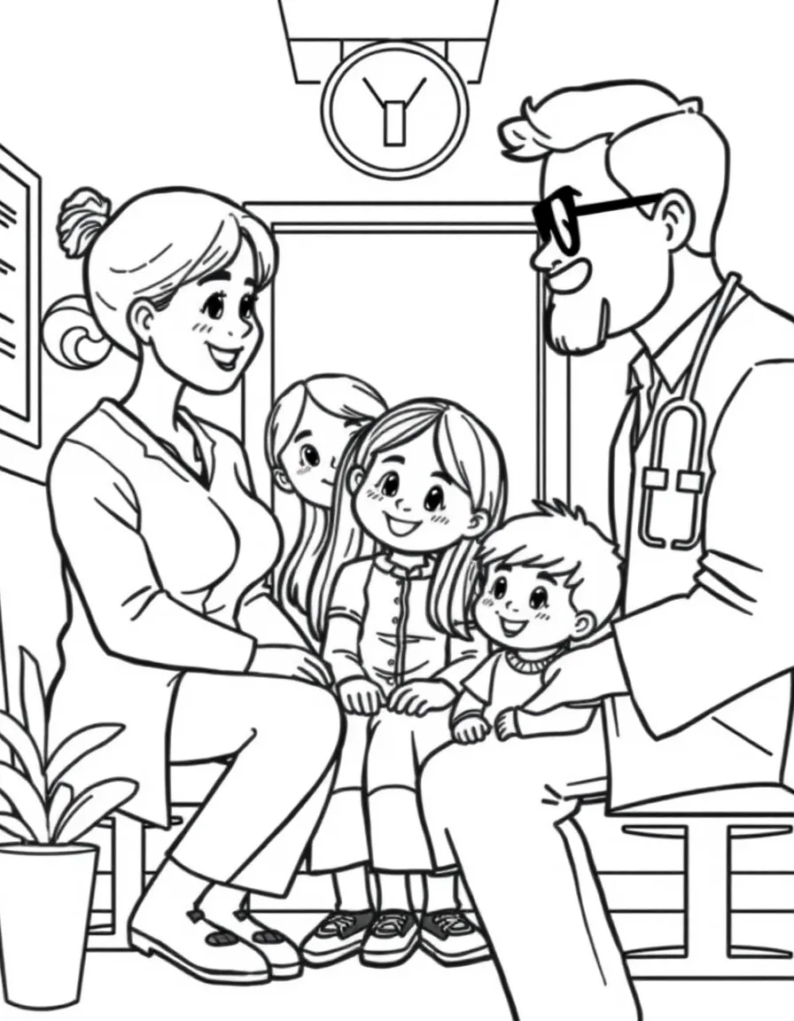 Family visiting a doctor's office for checkups