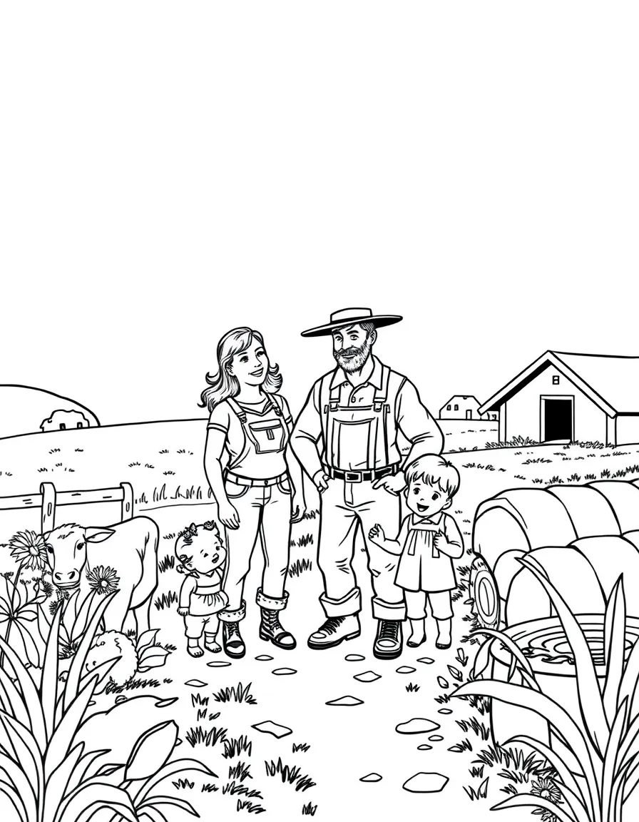 Family talking to farmers at a farm