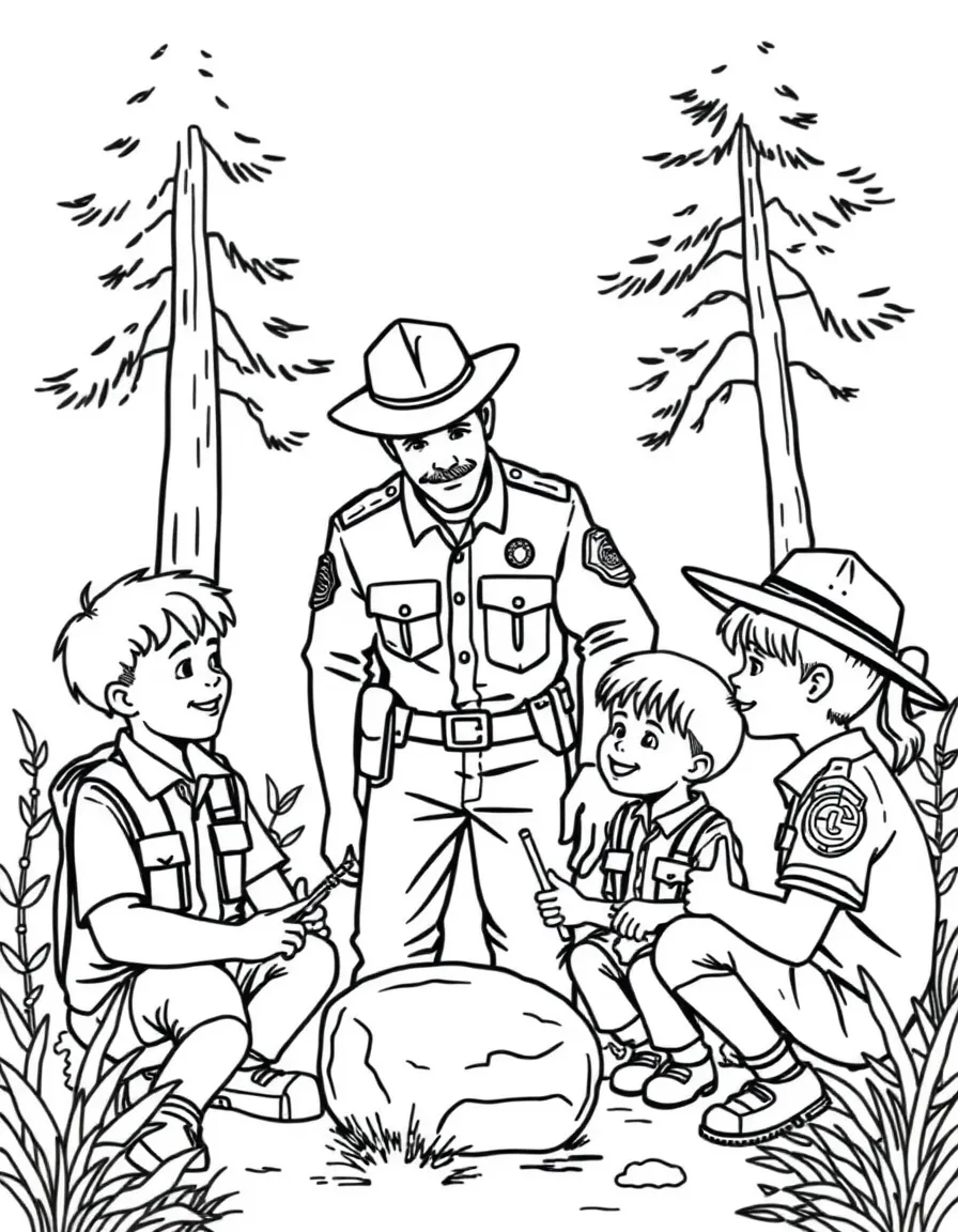 Children learning from park rangers with parents