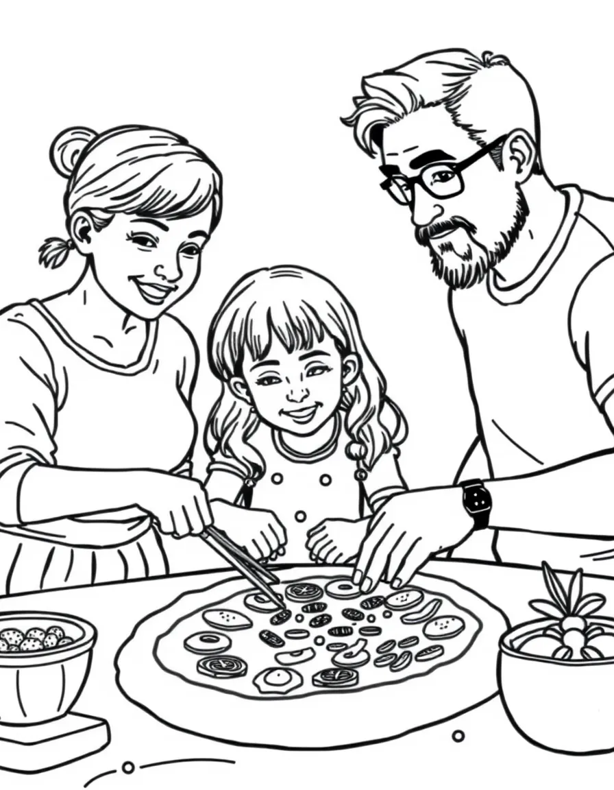 Family making pizza together with toppings