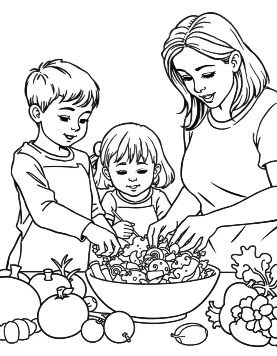 Children helping parents make a salad with vegetables