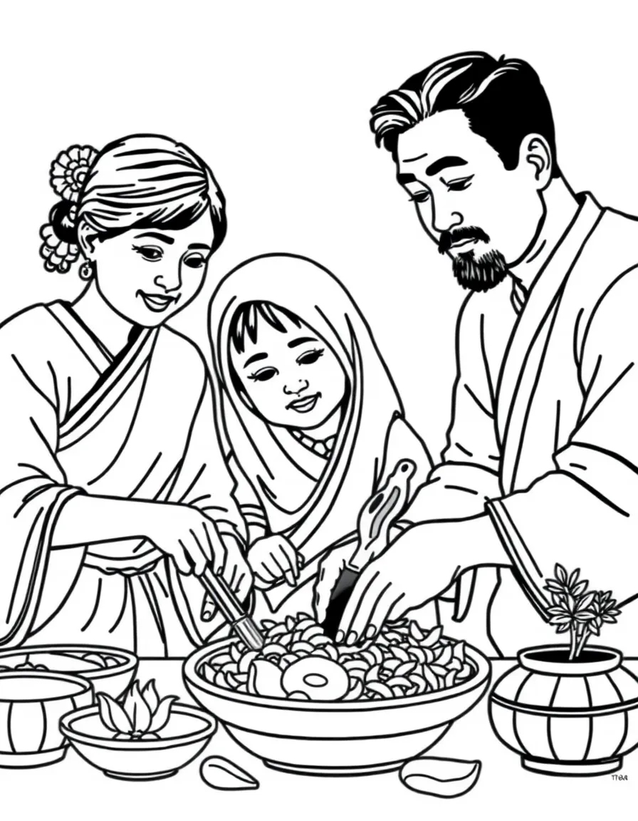 Family preparing a traditional cultural dish