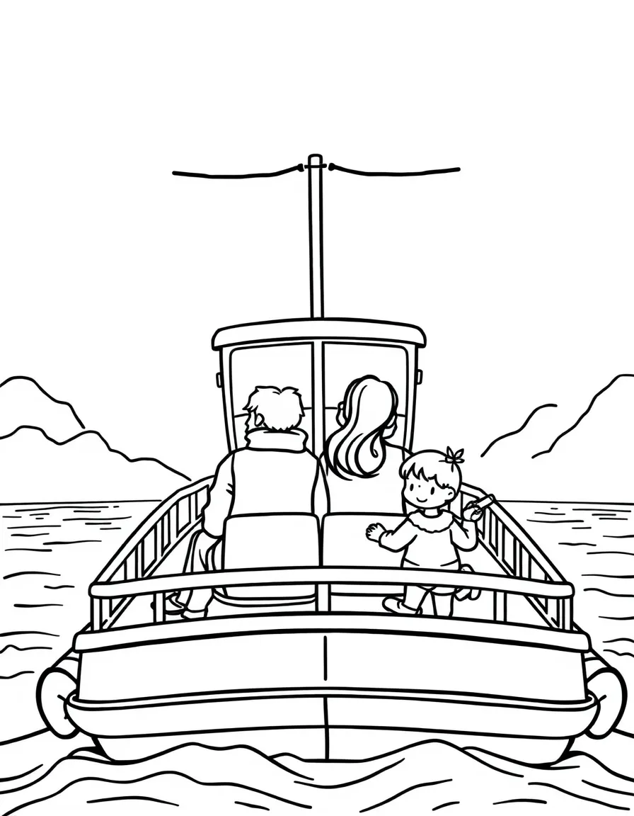 Parents and children riding a ferry boat