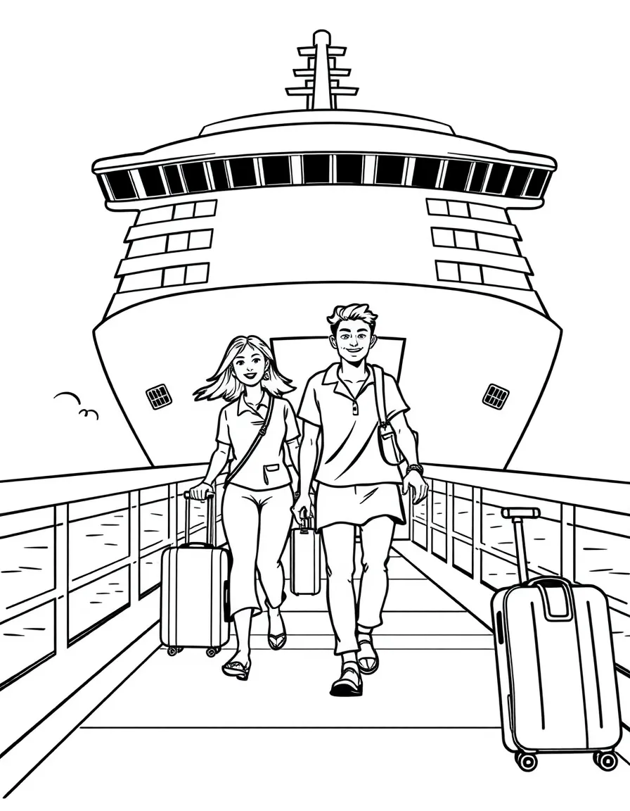 Family boarding a cruise ship with luggage